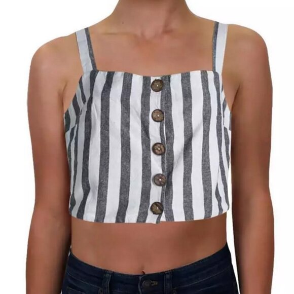 RD STYLE CROP TANK - Large - Striped Top Button Down Summer Sleeveless Shirt - Picture 2 of 7